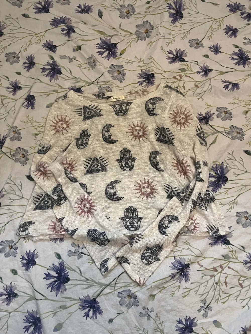 Sage White & Black Boho Sun Moon Hamsa Long Sleeve Top - Picture 3 of 4